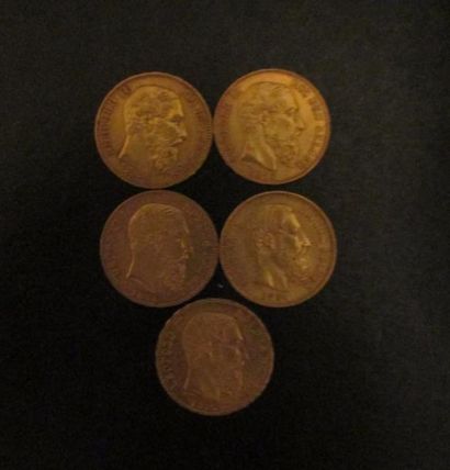 Cinq pièces de 20 Francs belge en or