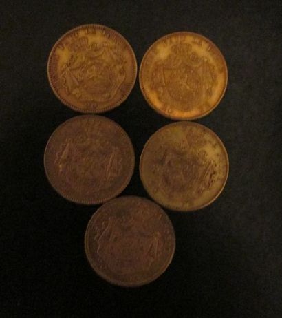 Cinq pièces de 20 Francs belge en or