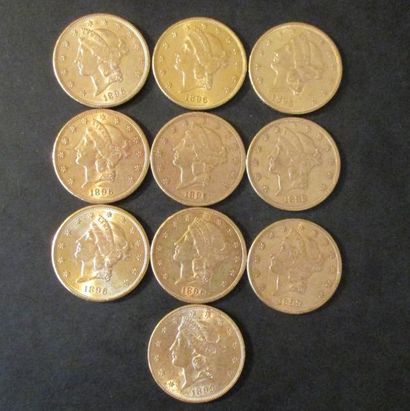 Dix pièces de 20 dollars en or 1892, 1895,...