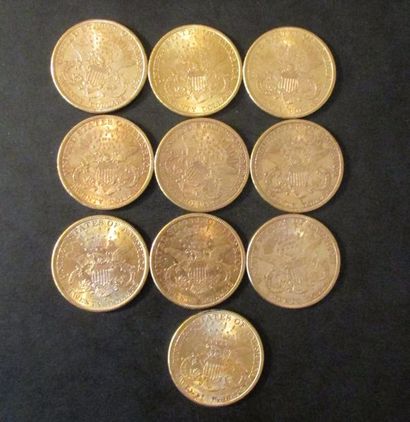 Dix pièces de 20 dollars en or 1892, 1895,...