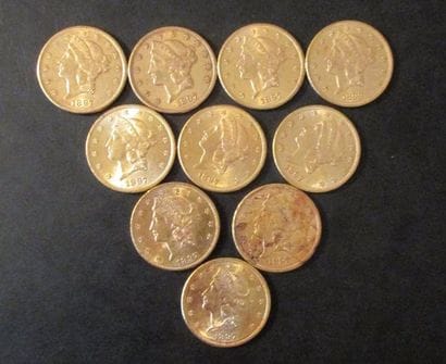 Dix pièces de 20 dollars en or 1897(9), ...