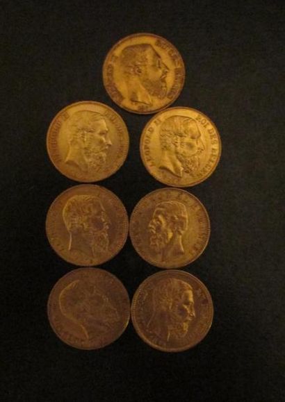 Six pièces de 20 F Belge Léopold II et une...