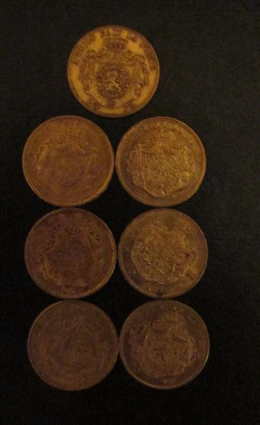 Six pièces de 20 F Belge Léopold II et une...