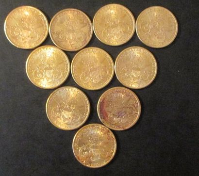 Dix pièces de 20 dollars en or 1897(9), ...