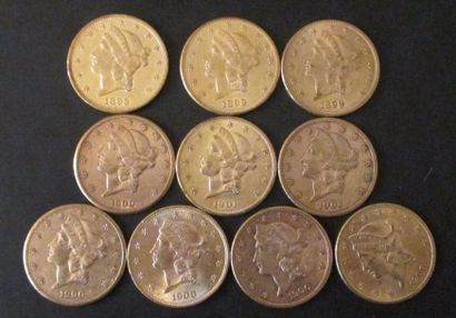 Dix pièces de 20 dollars en or 1899(3), 1900(5),...