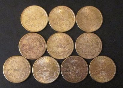 Dix pièces de 20 dollars en or 1899(3), 1900(5),...