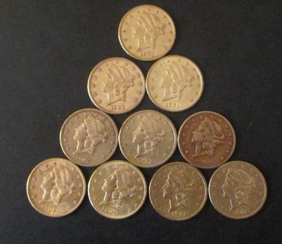 Dix pièces de 20 dollars en or 1901(3), ...