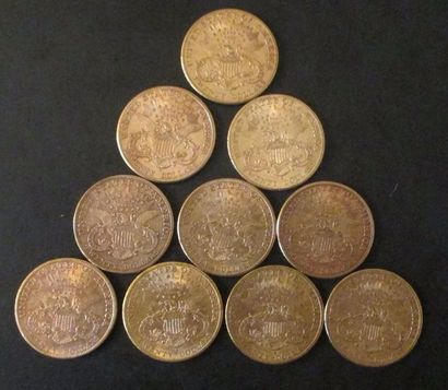 Dix pièces de 20 dollars en or 1901(3), ...