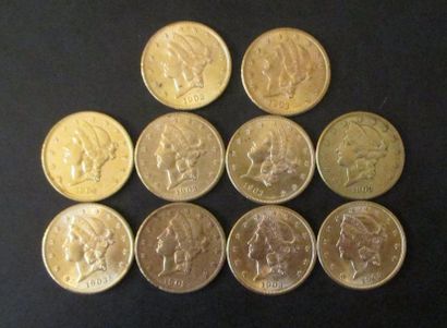 Dix pièces de 20 dollars en or 1902, 1903(8),...