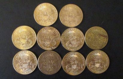 Dix pièces de 20 dollars en or 1902, 1903(8),...