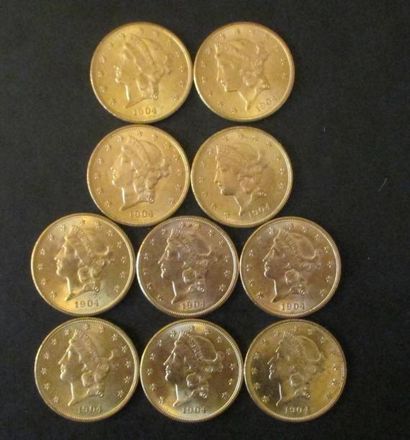 Dix pièces de 20 dollars en or 1904