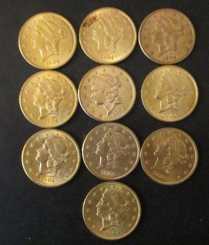 Dix pièces de 20 dollars en or 1904