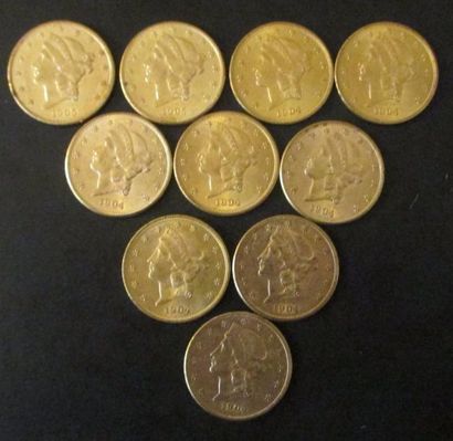 Dix pièces de 20 dollars en or 1904(8), ...
