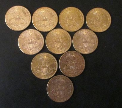Dix pièces de 20 dollars en or 1904(8), ...