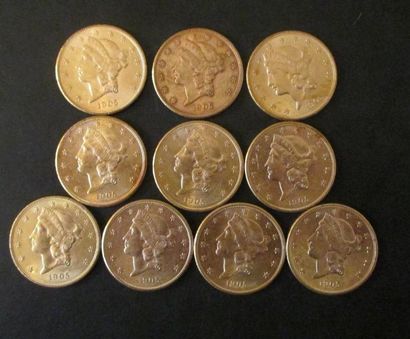 Dix pièces de 20 dollars en or 1905