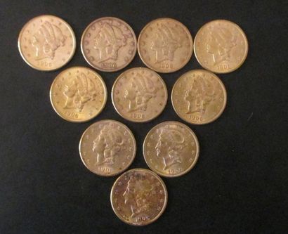 Dix pièces de 20 dollars en or 1906
