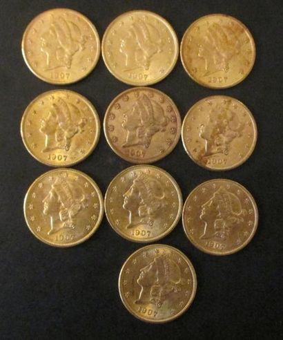 Dix pièces de 20 dollars en or 1907