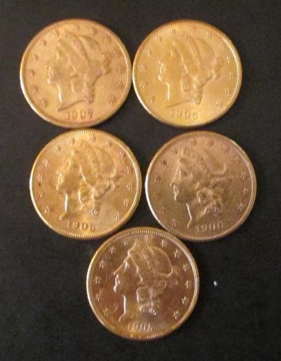 Cinq pièces de 20 dollars en or 1905, 1906(3),...