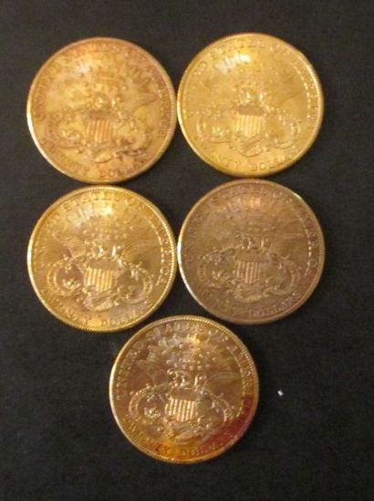 Cinq pièces de 20 dollars en or 1905, 1906(3),...