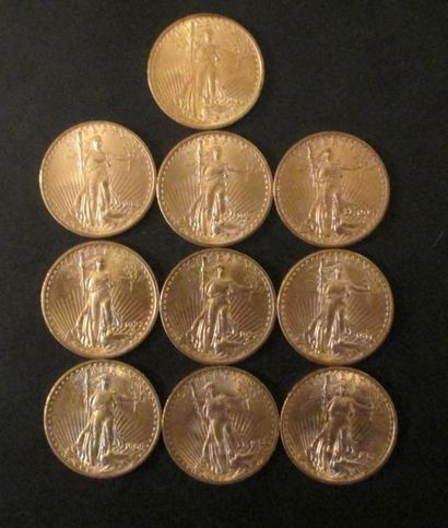 Dix pièces de 20 dollars en or 1908(4), 1909,...