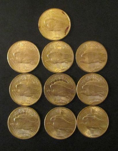 Dix pièces de 20 dollars en or 1908(4), 1909,...