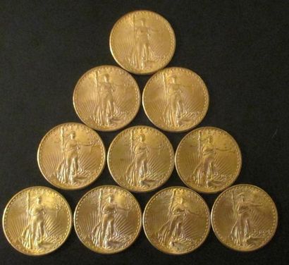 Dix pièces de 20 dollars en or 1923, 1924(6),...