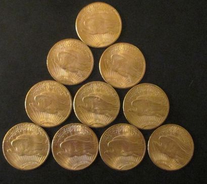 Dix pièces de 20 dollars en or 1923, 1924(6),...