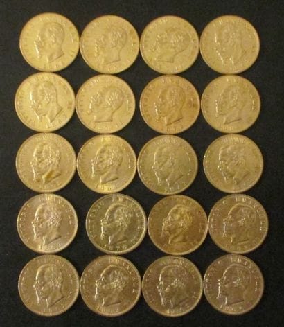 Vingt pièces de 20 lire en or Victor Emmanuel...