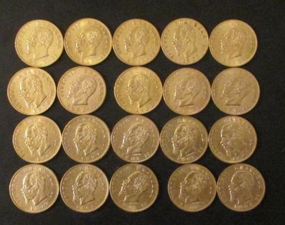 Vingt pièces de 20 lire en or Victor Emmanuel...