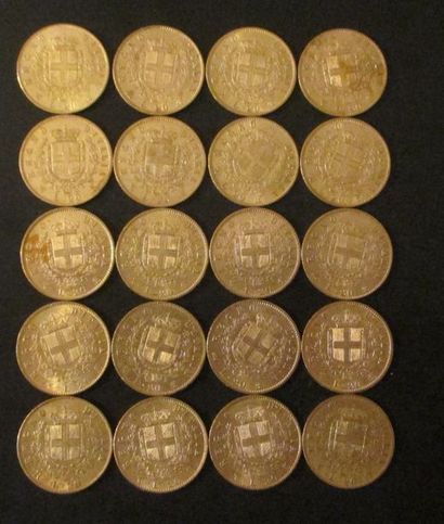 Vingt pièces de 20 lire en or Victor Emmanuel...