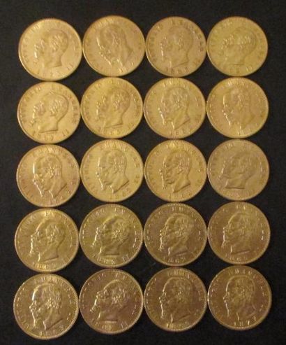 Vingt pièces de 20 lire en or Victor Emmanuel...