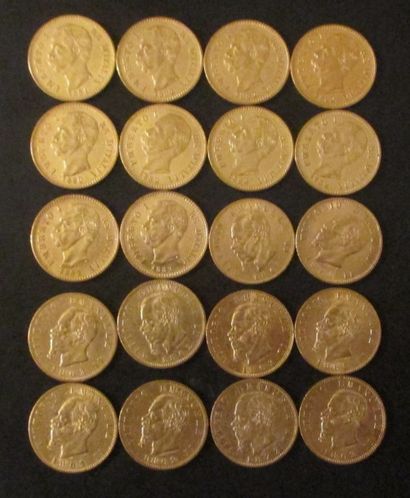 Vingt pièces de 20 lire en or Victor Emmanuel...