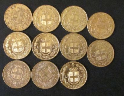 Onze pièces de 20 lire en or Victor Emmanuel...