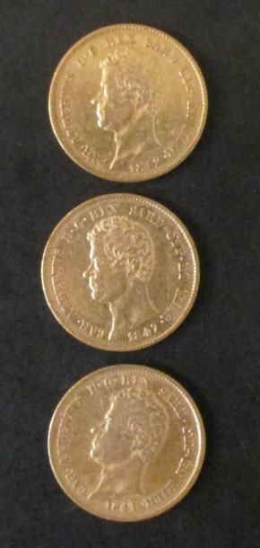 Trois pièces de 20 lire en or Charles Albert,...