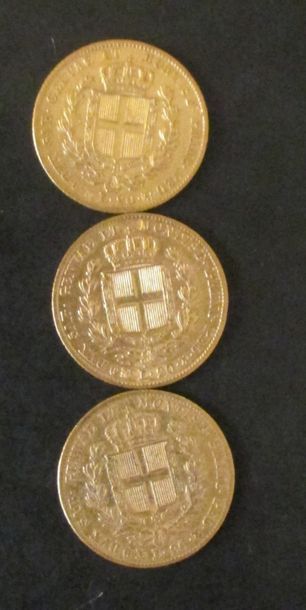 Trois pièces de 20 lire en or Charles Albert,...