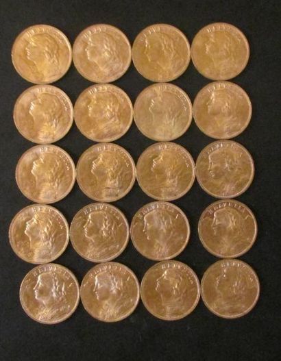 Vingt pièces de 20 francs Suisse en or