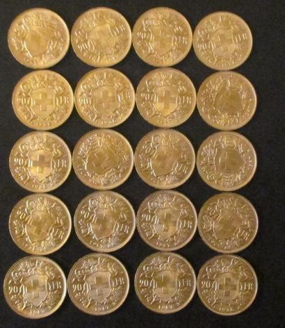 Vingt pièces de 20 francs Suisse en or
