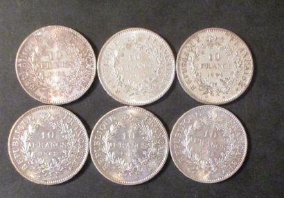 Six pièces de 10 FF Hercule en argent

