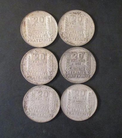 Six pièces 20 FF Turin en argent

