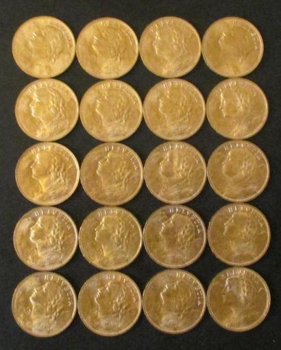 Vingt pièces de 20 francs Suisse en or