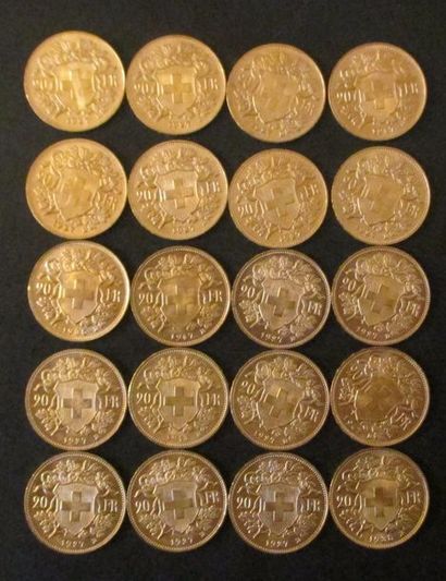Vingt pièces de 20 francs Suisse en or