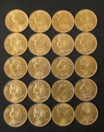 Vingt pièces de 20 francs Suisse en or