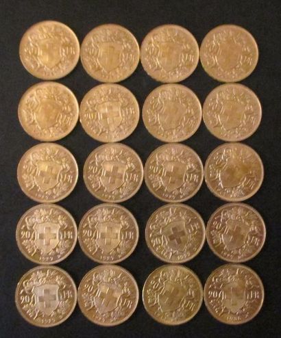 Vingt pièces de 20 francs Suisse en or