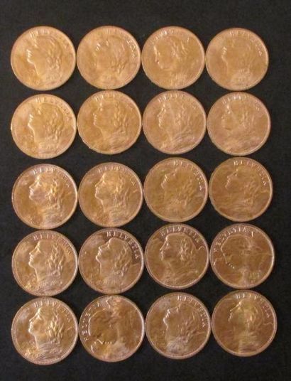 Vingt pièces de 20 francs Suisse en or