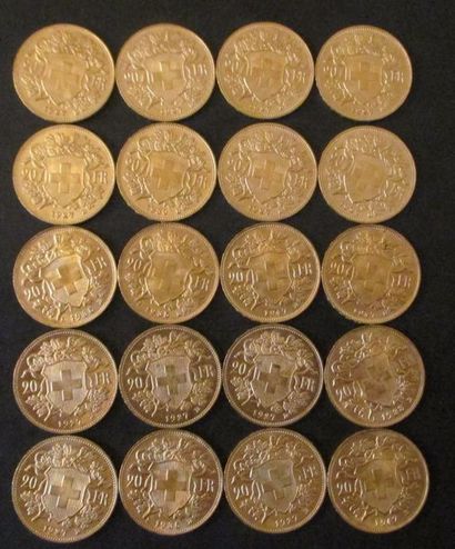Vingt pièces de 20 francs Suisse en or