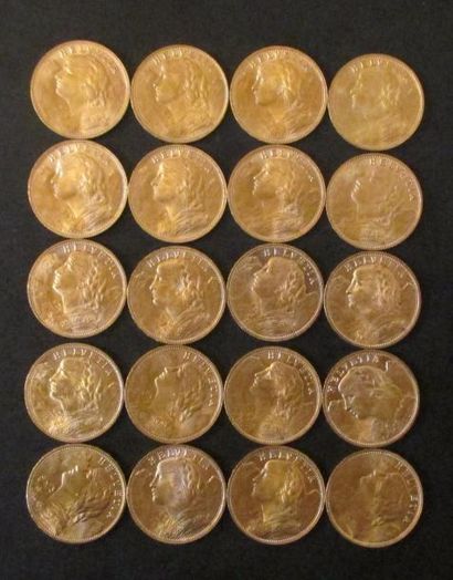 Vingt pièces de 20 francs Suisse en or