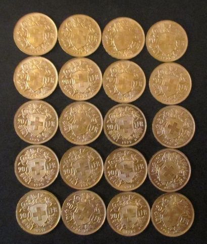 Vingt pièces de 20 francs Suisse en or