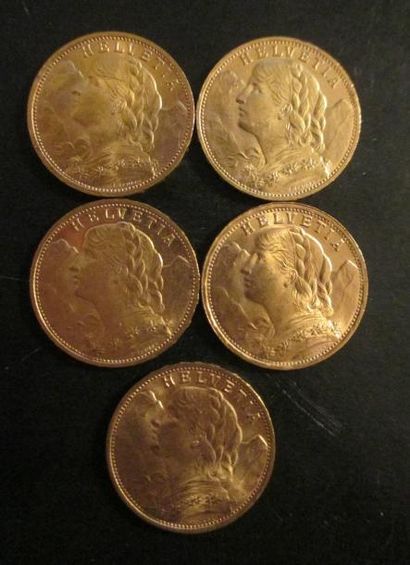 Cinq pièces de 20 Francs Suisse en or