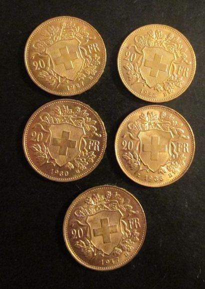 Cinq pièces de 20 Francs Suisse en or