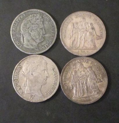Quatre pièces de 5 FF en argent 1813, 1833,...